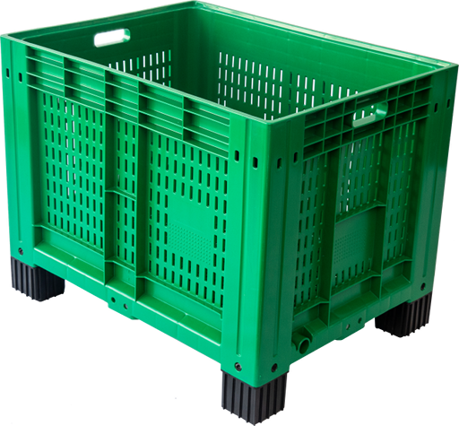 Kunststoff Palettenbox mit durchbrochener Oberfläche, d. h. mit einem Gitter, das die Belüftung der Produkte in der großen Box ermöglicht.
